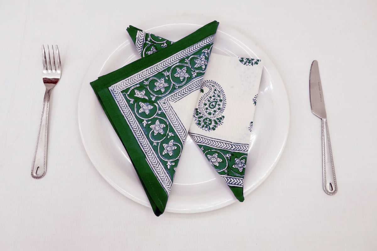 Hand Block Printed Cotton Napkins | Elegant Table Linen- Green and White