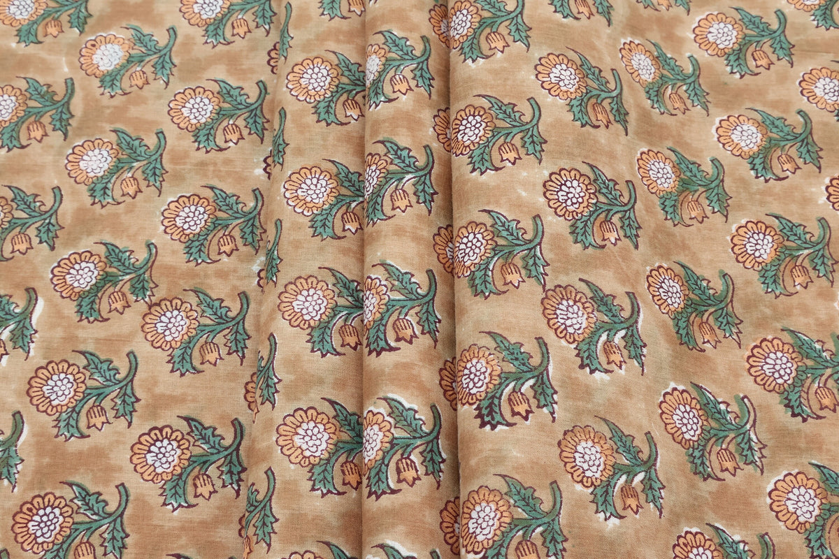 Orange Cotton Traditional Floral Hand Block Print Unstiched Material For Men's Kurta Shirts & Women's Kurti and Other Dress Material