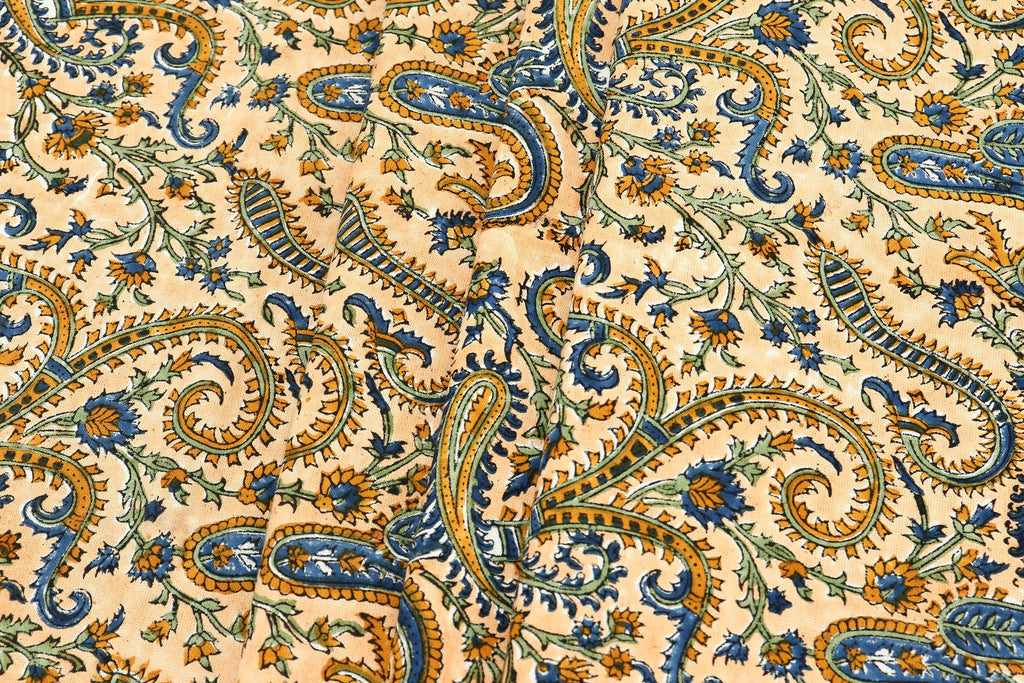 Hand Block Print Cotton Fabric: Beige Paisley Indian Fabric