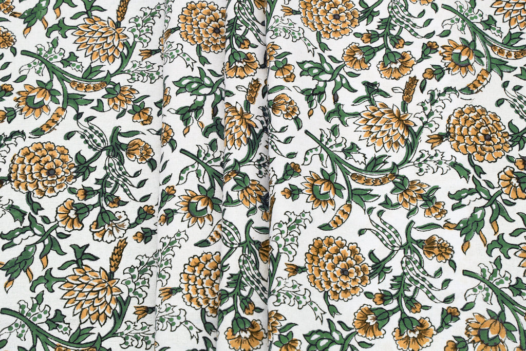 Floral Block Print Cotton Fabric: Yellow Mughal Design by the Yard