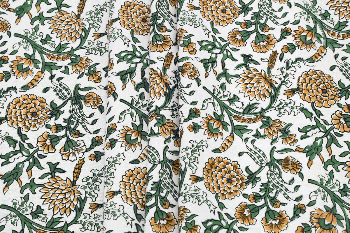 Floral Block Print Cotton Fabric: Yellow Mughal Design by the Yard