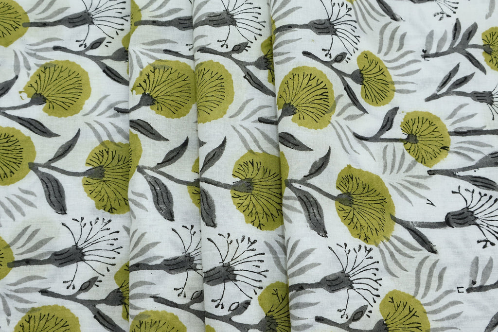 Green Floral Block Print Cotton Fabric: Indian Handstamped Textile