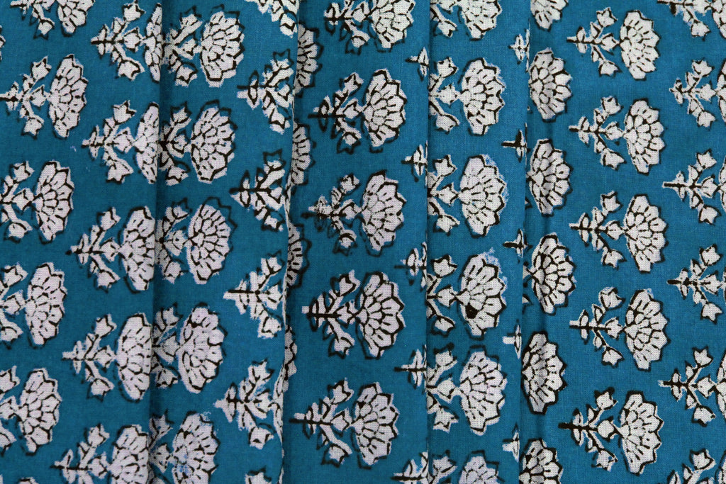 Blue Floral Blockprint Cotton Fabric: Handstamped Indian Fabric