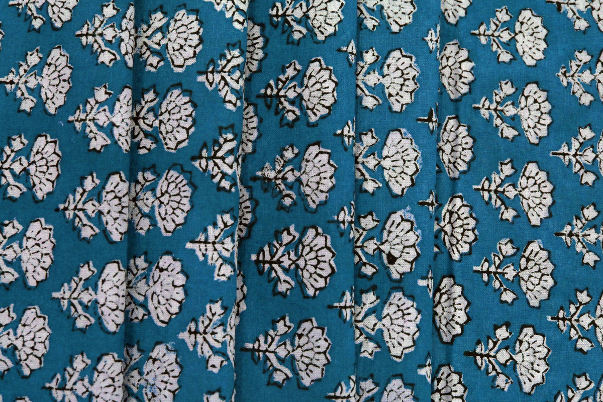 Blue Floral Blockprint Cotton Fabric: Handstamped Indian Fabric