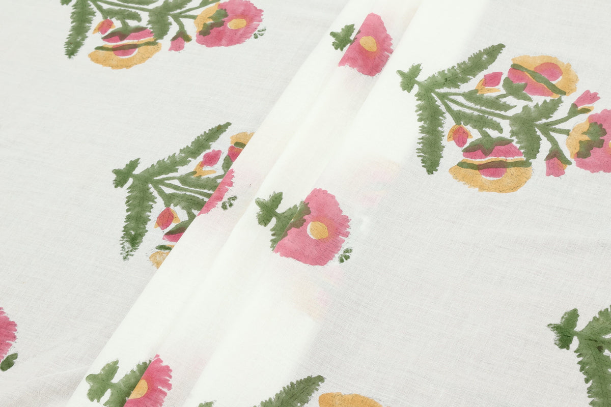 Floral Block Print Cotton Fabric: Hand-Stamped Indian Fabric