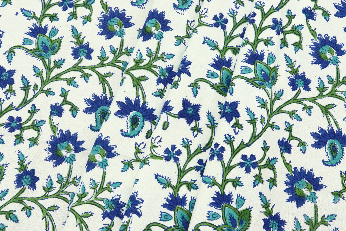 Floral Block Print Cotton Fabric: Blue, Green Mughal Design