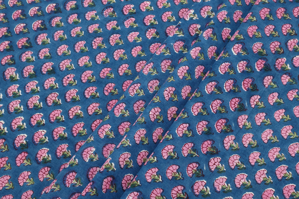Cotton Floral Hand Block Print Fabric - Pink and Blue Indian Blockprint