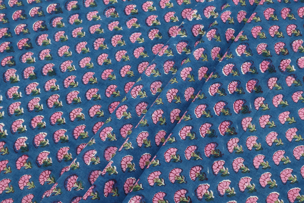 Cotton Floral Hand Block Print Fabric - Pink and Blue Indian Blockprint