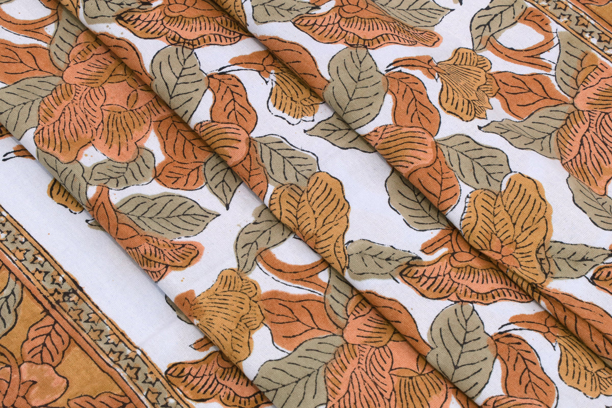 Orange Floral Block Print Fabric: Hand-Stamped Cotton By The Yard