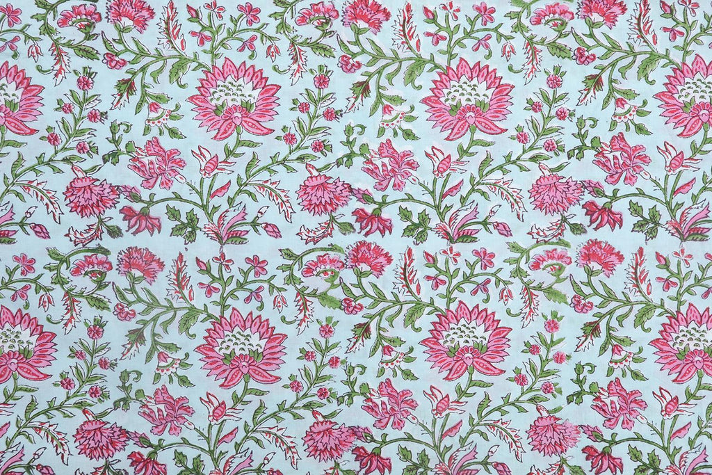 Mughal Floral Block Print Fabric: Pink, White & Green Linen Cotton Blend
