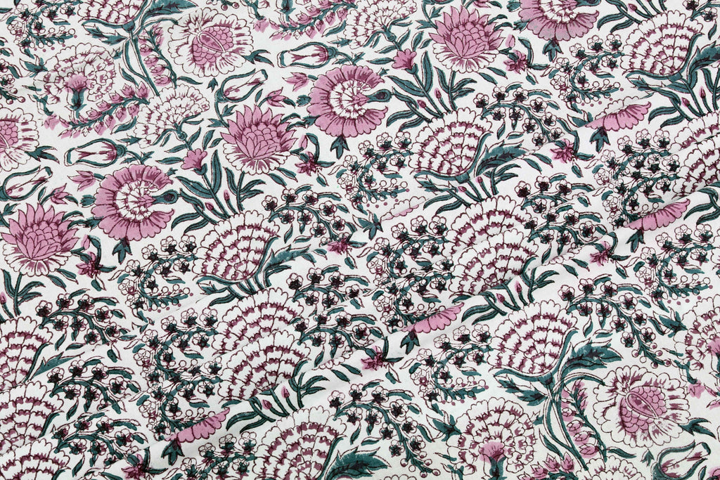 Floral Block Print Cotton Fabric: Pink, Green, and White Indian Fabric