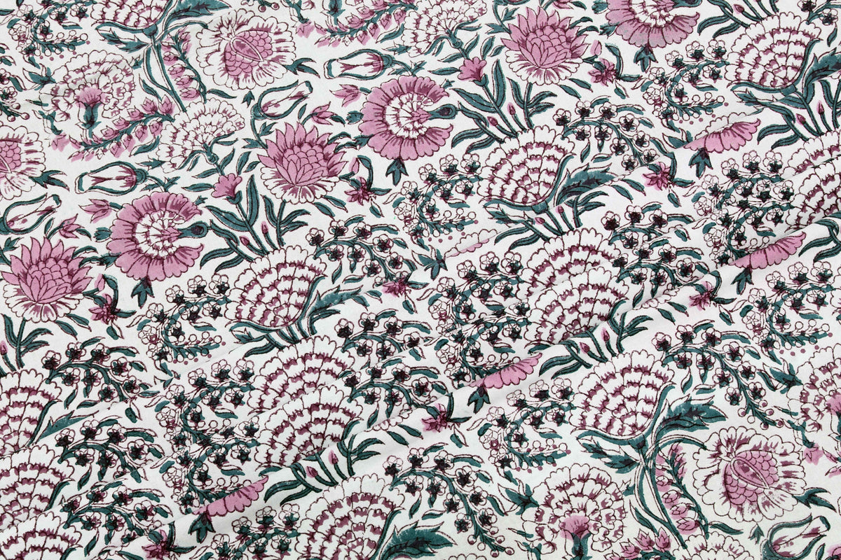 Floral Block Print Cotton Fabric: Pink, Green, and White Indian Fabric