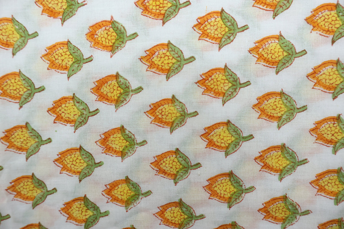 Mughal Print Cotton Fabric: Hand-Stamped Floral Dress Fabric