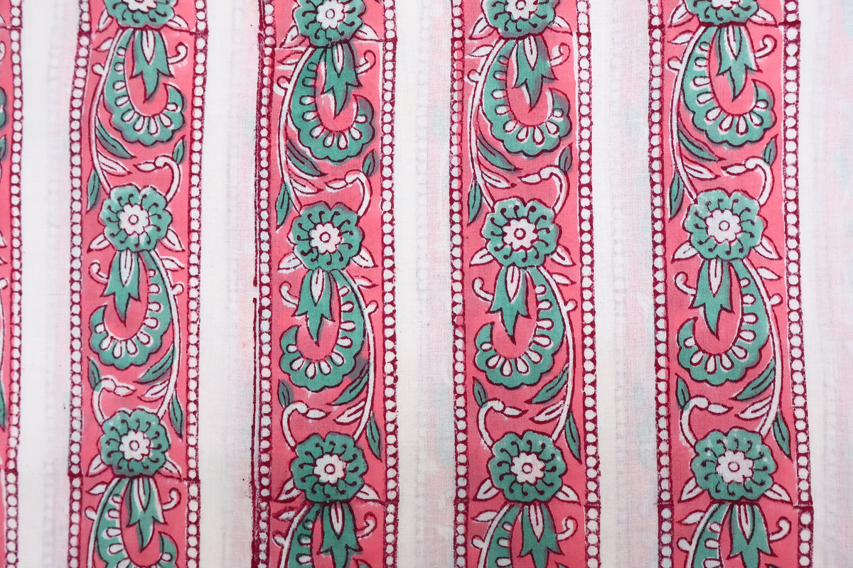 Hand Block Printed Cotton Fabric: Red & Pink Floral Mughal Print