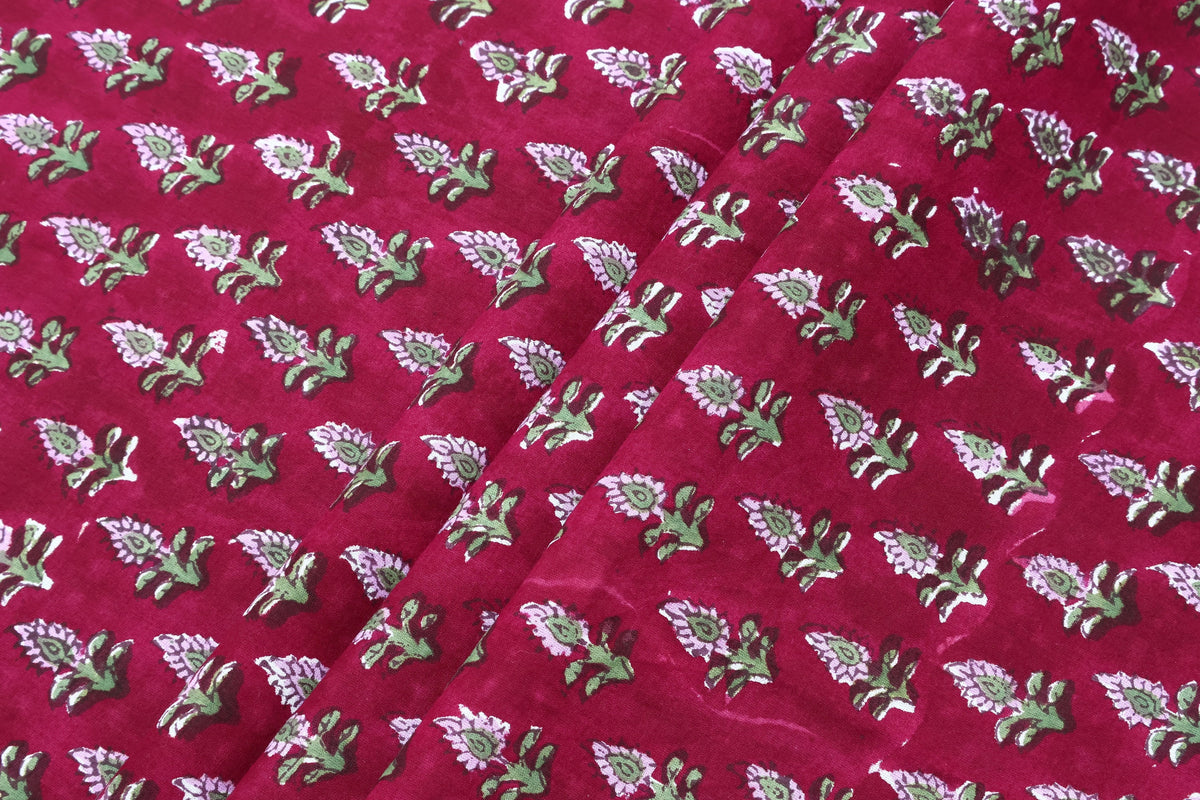 Hand Block Printed Cotton Fabric: Red Floral Indian Textile By The Yard