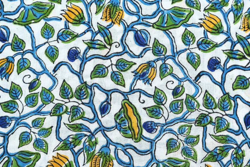 Hand Block Printed Cotton Fabric: Green, Blue, Yellow Floral Mughal Print