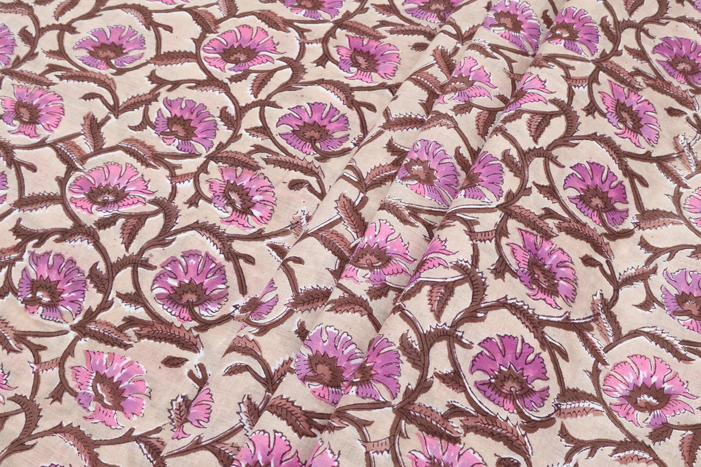 Mughal Floral Print Cotton Fabric: Indian Hand Block Print