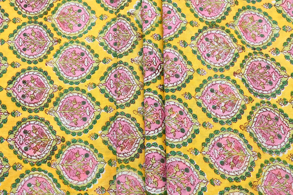 Hand Block Printed Cotton Fabric: Red & Pink Mughal Floral, Indian Textile