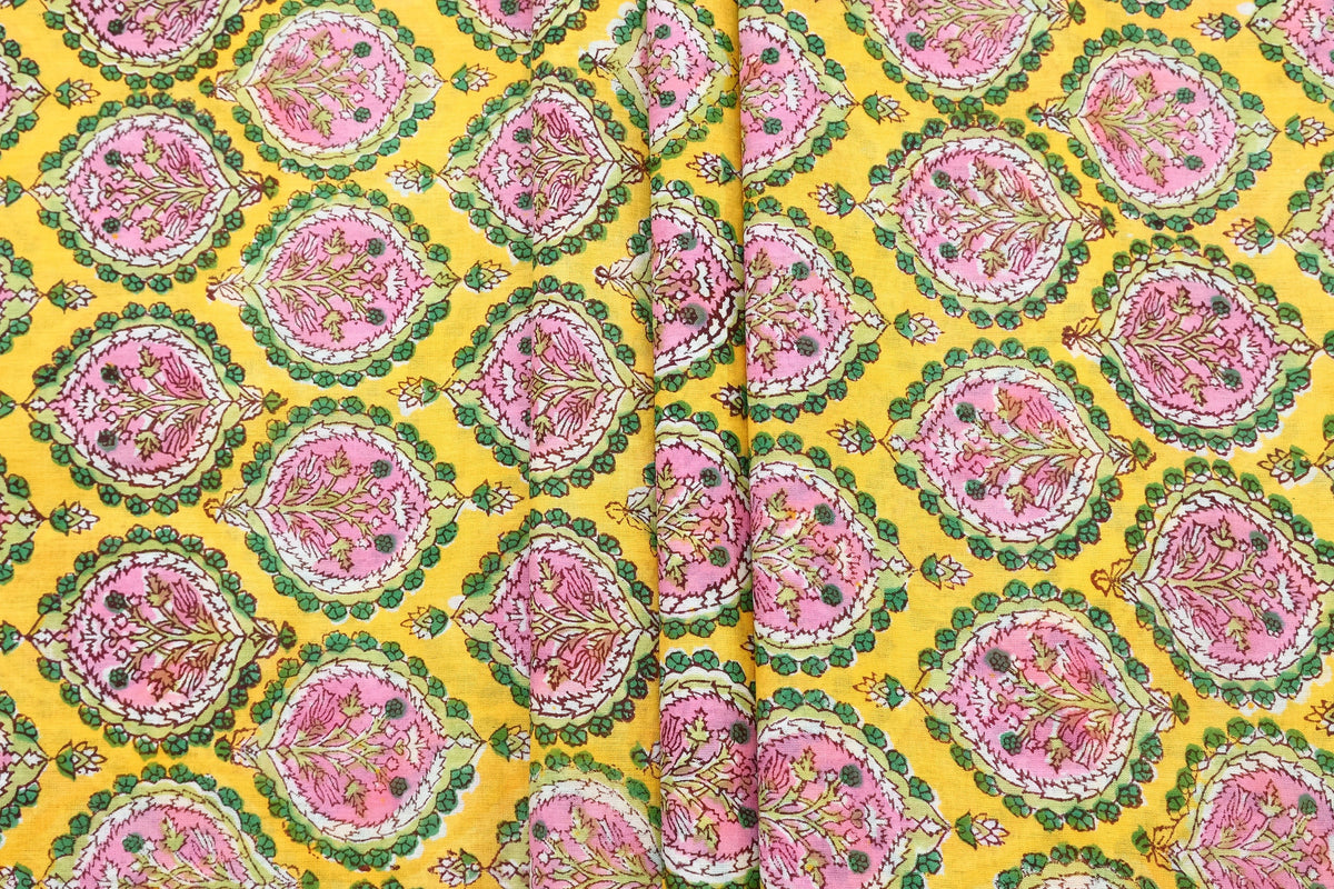 Hand Block Printed Cotton Fabric: Red & Pink Mughal Floral, Indian Textile