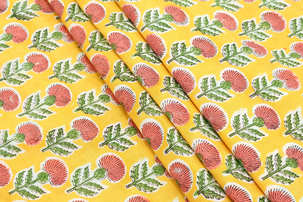 Floral Blockprint Cotton Fabric: Handstamped Indian Fabric by the Yard