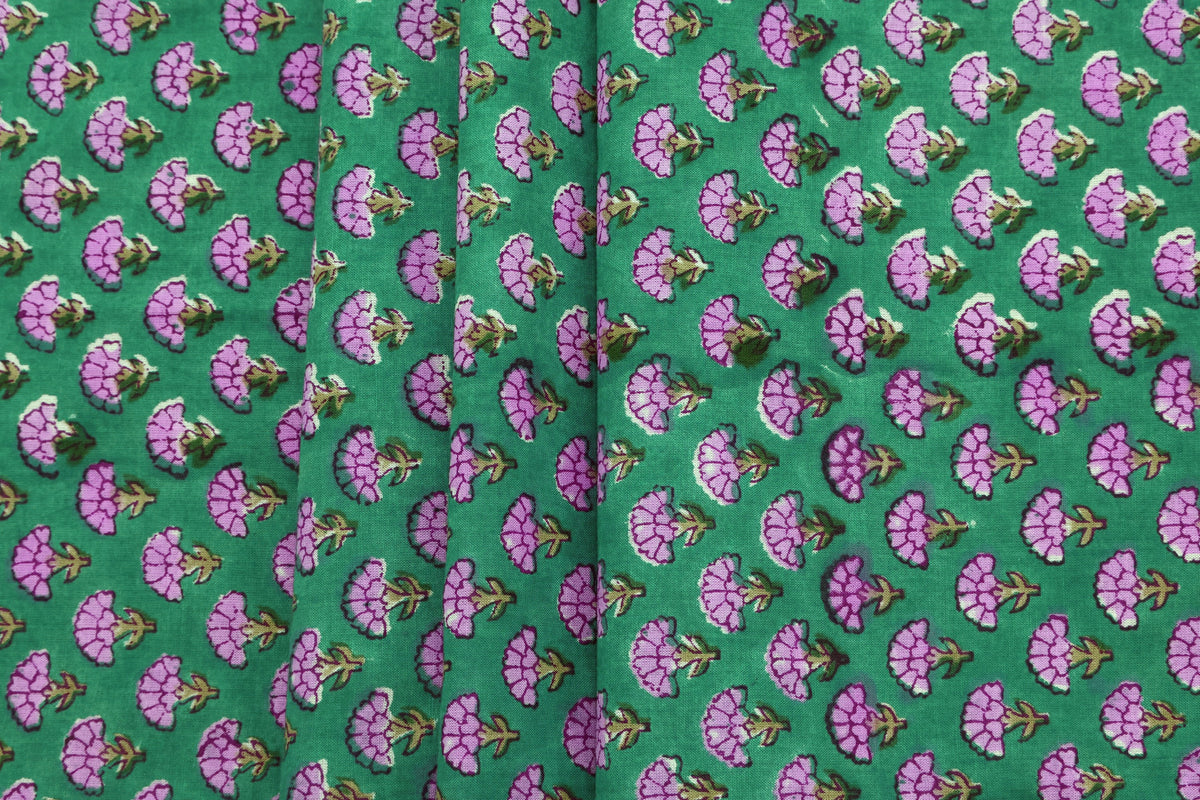 Pink Floral Blockprint Cotton Fabric: Handstamped Indian Fabric