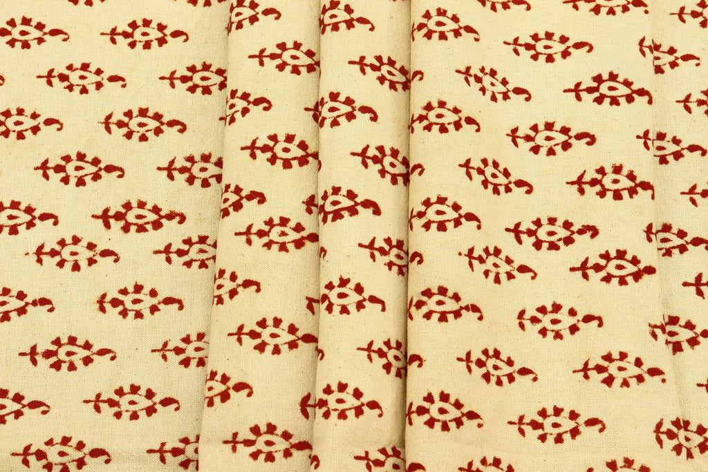 Red Floral Block Print Cotton Fabric: Beige Indian Cloth