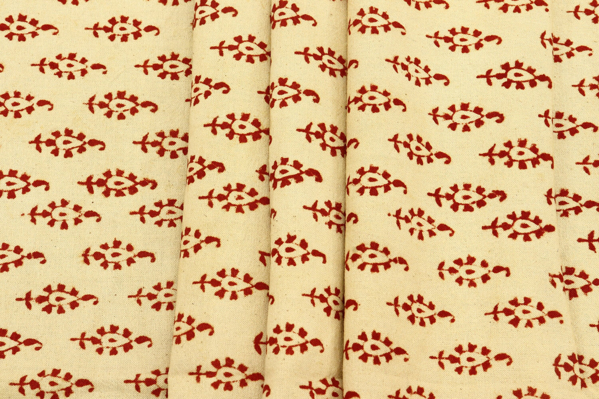 Red Floral Block Print Cotton Fabric: Beige Indian Cloth
