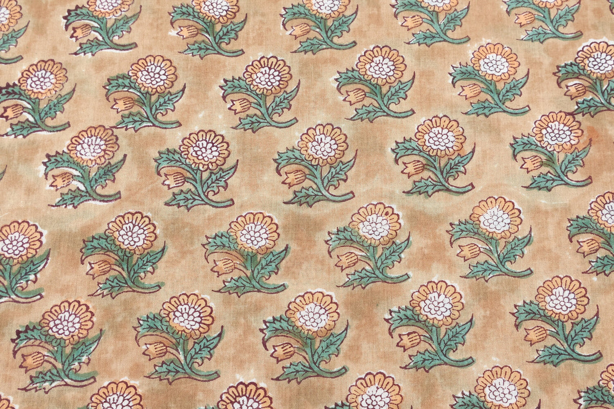 Orange Cotton Traditional Floral Hand Block Print Unstiched Material For Men's Kurta Shirts & Women's Kurti and Other Dress Material