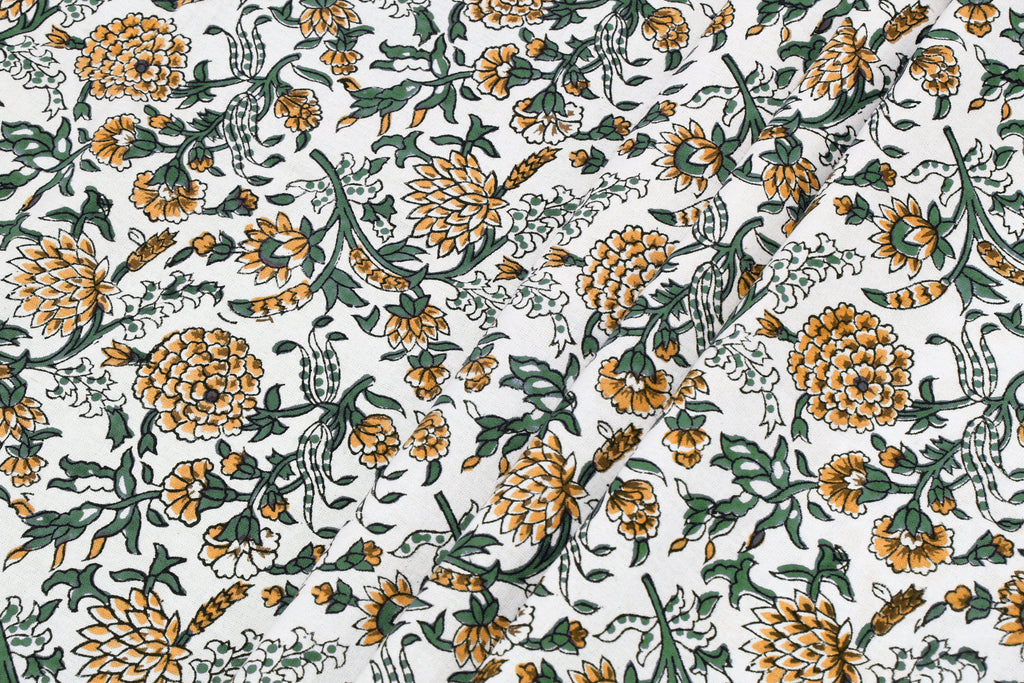 Floral Block Print Cotton Fabric: Yellow Mughal Design by the Yard