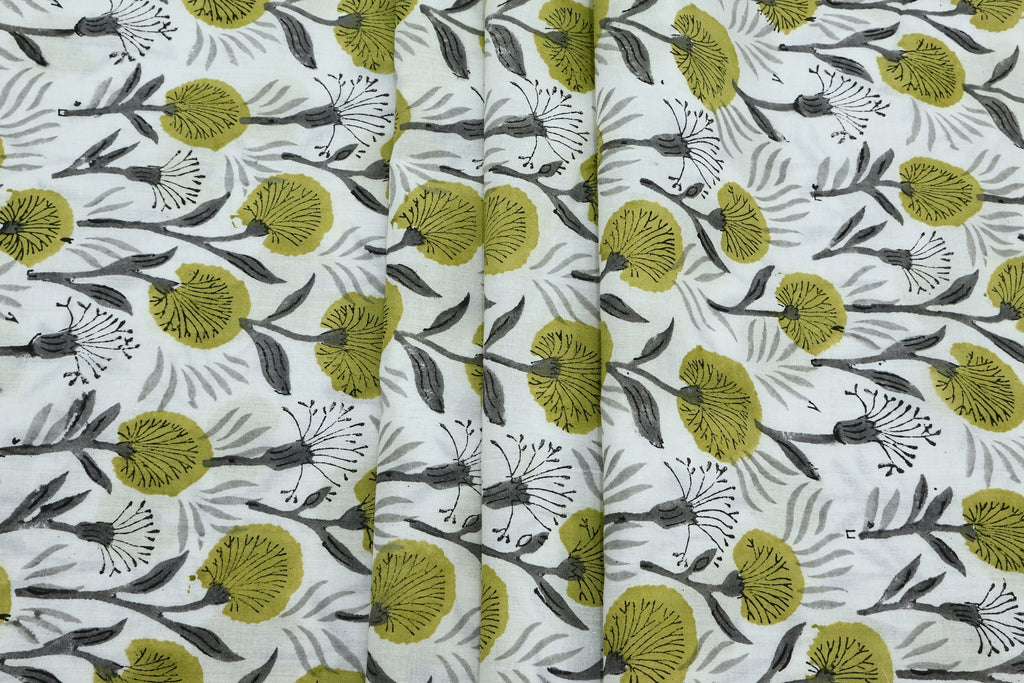 Green Floral Block Print Cotton Fabric: Indian Handstamped Textile