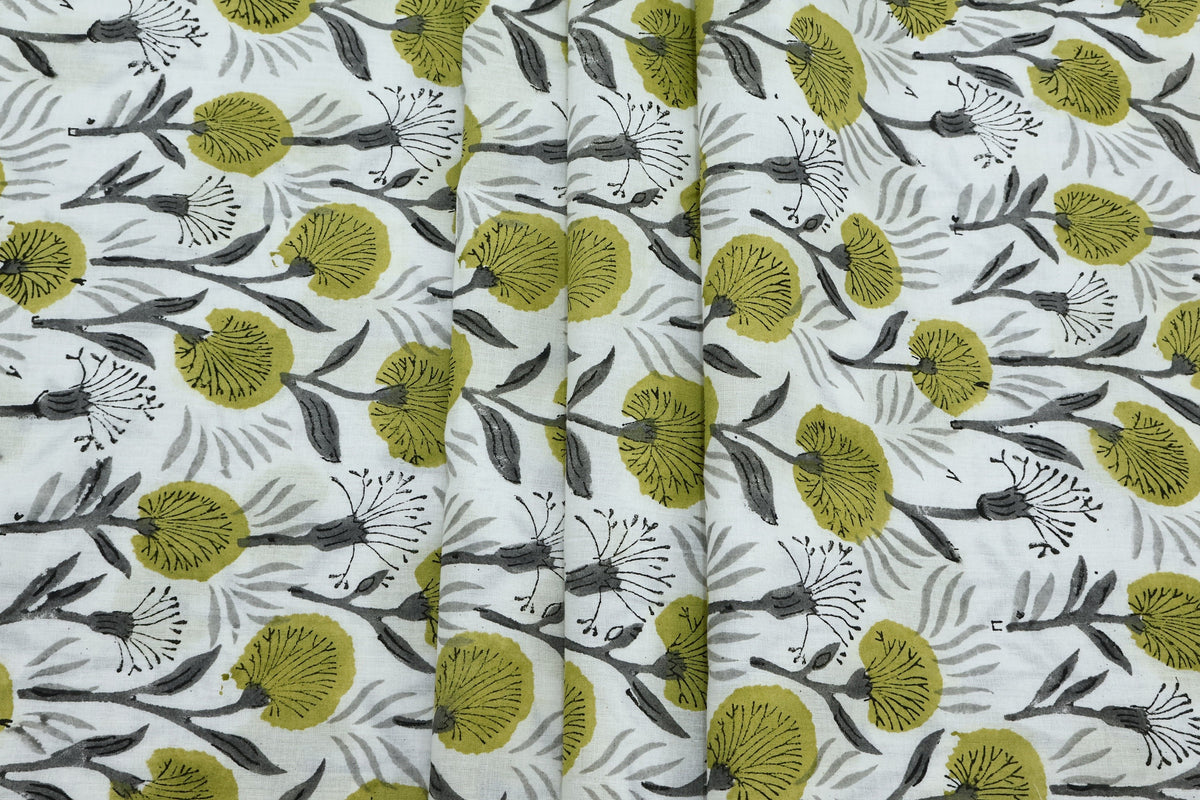 Green Floral Block Print Cotton Fabric: Indian Handstamped Textile