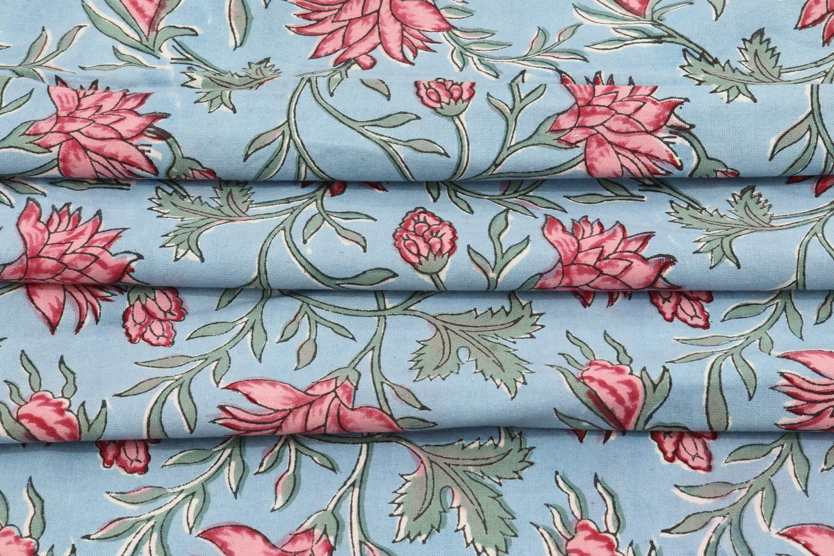 Mughal Print Cotton Fabric: Indian Floral Block Print By The Yard
