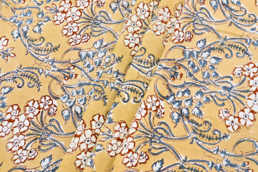 Floral Blockprint Cotton Fabric: Yellow & Red Handstamped Fabric By The Yard