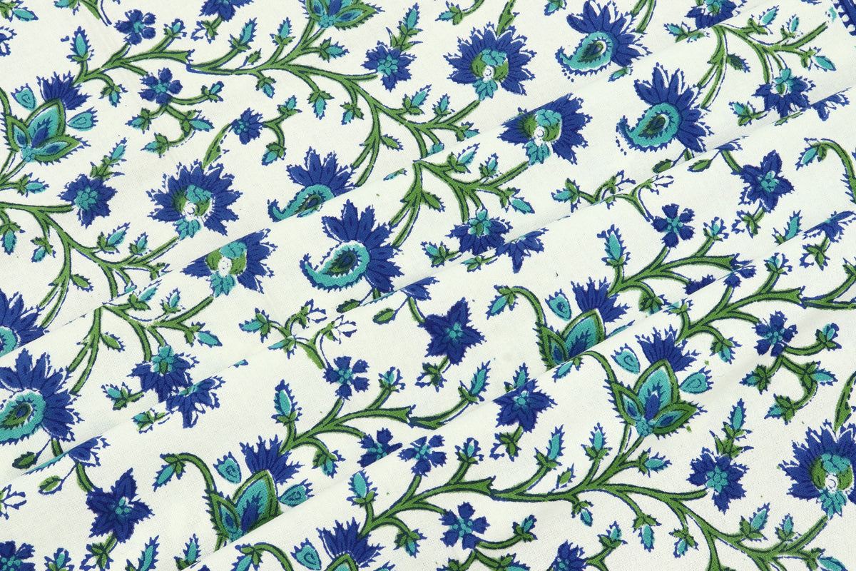 Floral Block Print Cotton Fabric: Blue, Green Mughal Design