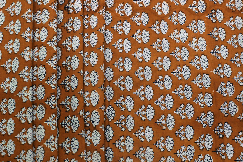Orange Floral Blockprint Cotton Fabric: Handstamped Indian Fabric