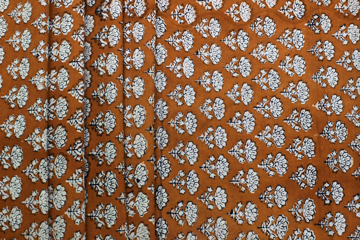 Orange Floral Blockprint Cotton Fabric: Handstamped Indian Fabric