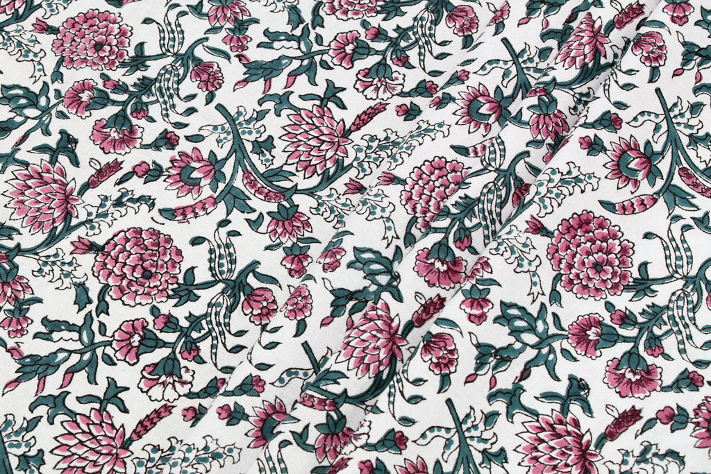 Pink Floral Block Print Cotton Fabric: Handstamped Indian Fabric by the Yard
