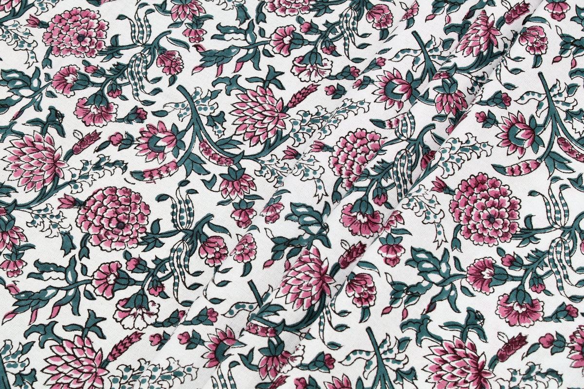 Pink Floral Block Print Cotton Fabric: Handstamped Indian Fabric by the Yard