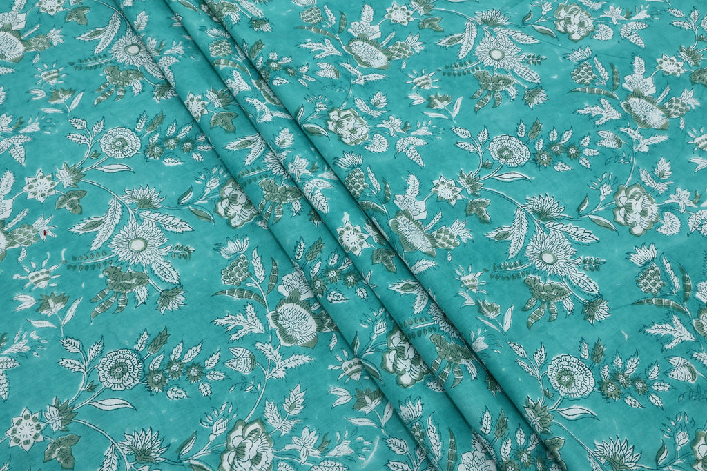 Mughal Floral Print Cotton Fabric: Hand Block Printed Indian Fabric