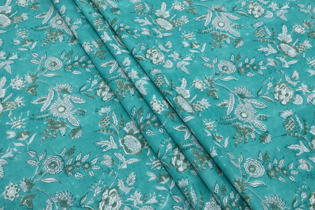 Mughal Floral Print Cotton Fabric: Hand Block Printed Indian Fabric