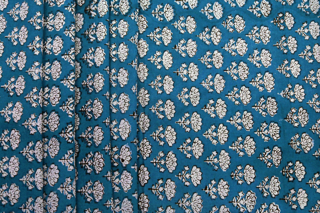 Blue Floral Blockprint Cotton Fabric: Handstamped Indian Fabric