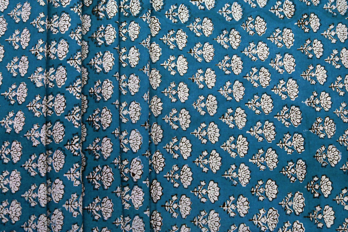Blue Floral Blockprint Cotton Fabric: Handstamped Indian Fabric
