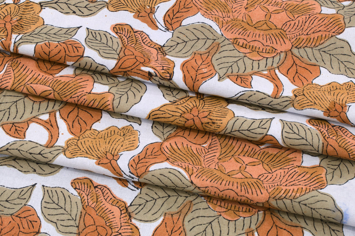 Orange Floral Block Print Fabric: Hand-Stamped Cotton By The Yard