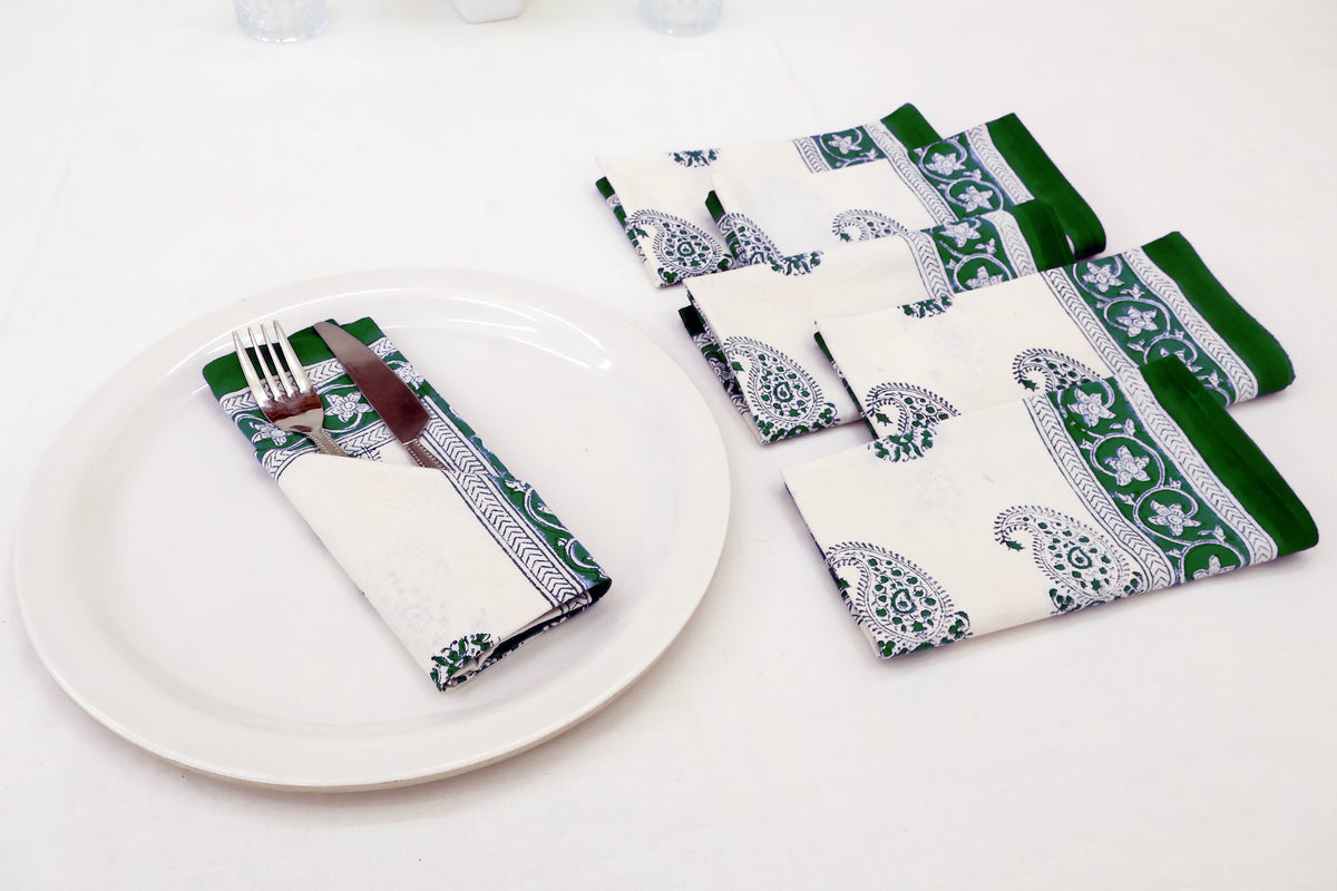 Hand Block Printed Cotton Napkins | Elegant Table Linen- Green and White