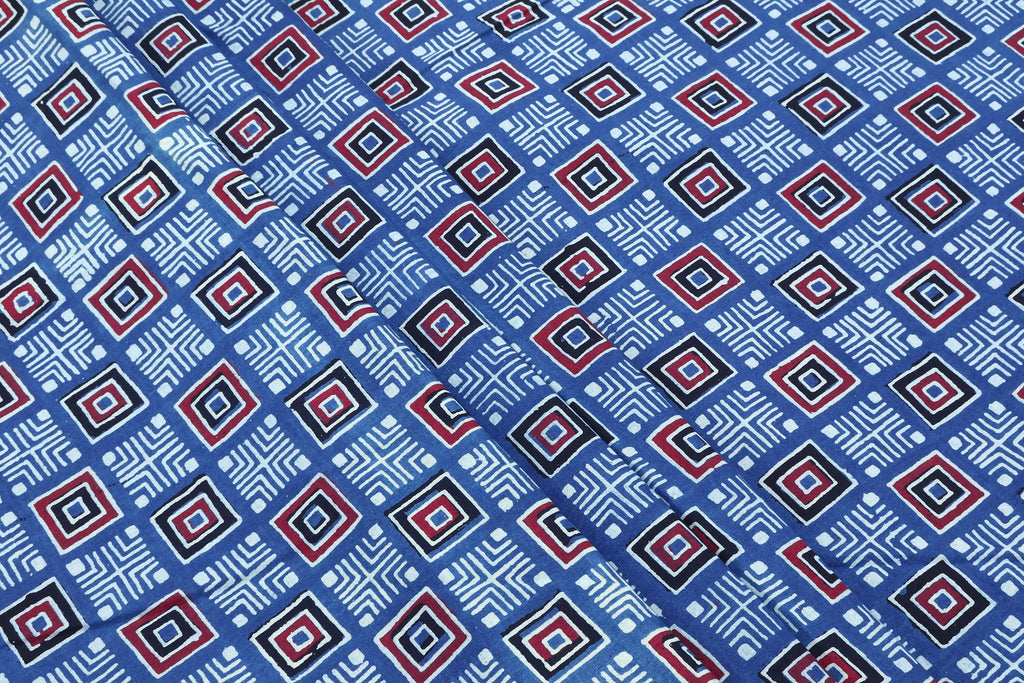 Hand Block Printed Cotton Fabric: Red, Pink, Blue Geometric Textile