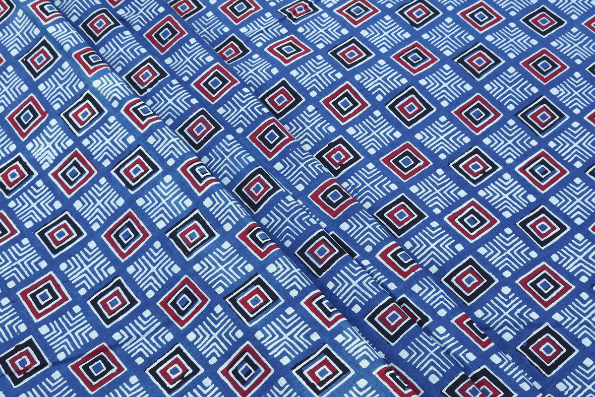Hand Block Printed Cotton Fabric: Red, Pink, Blue Geometric Textile