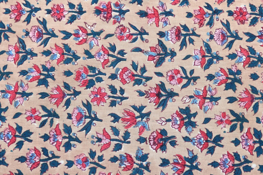Mughal Floral Print Cotton Fabric: Indian Hand Block Print