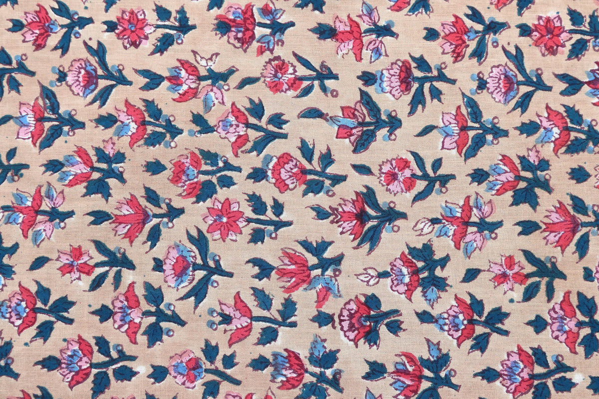 Mughal Floral Print Cotton Fabric: Indian Hand Block Print