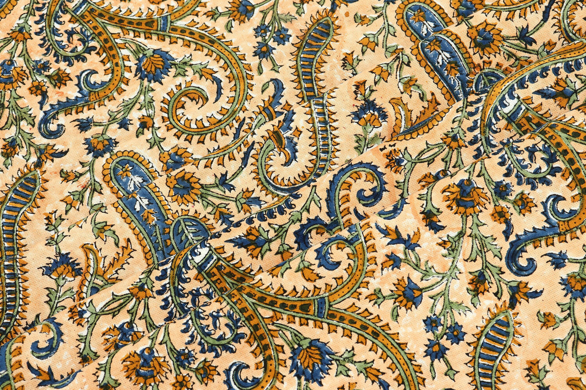 Hand Block Print Cotton Fabric: Beige Paisley Indian Fabric