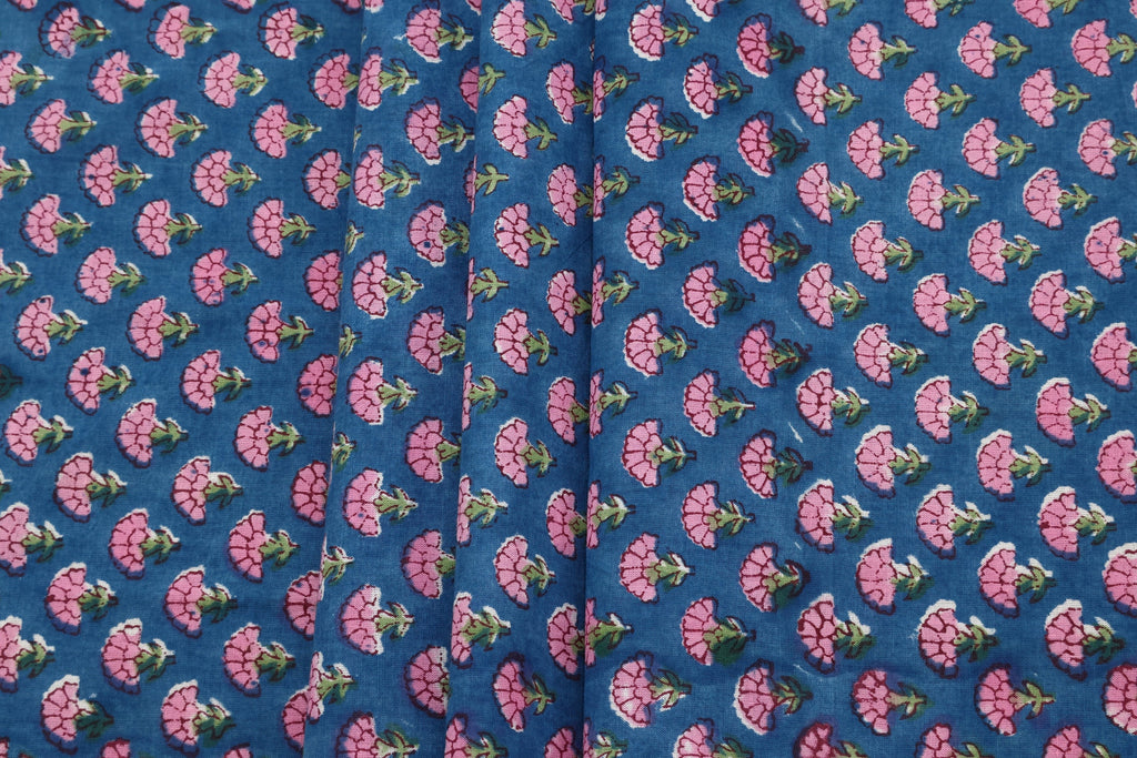 Cotton Floral Hand Block Print Fabric - Pink and Blue Indian Blockprint